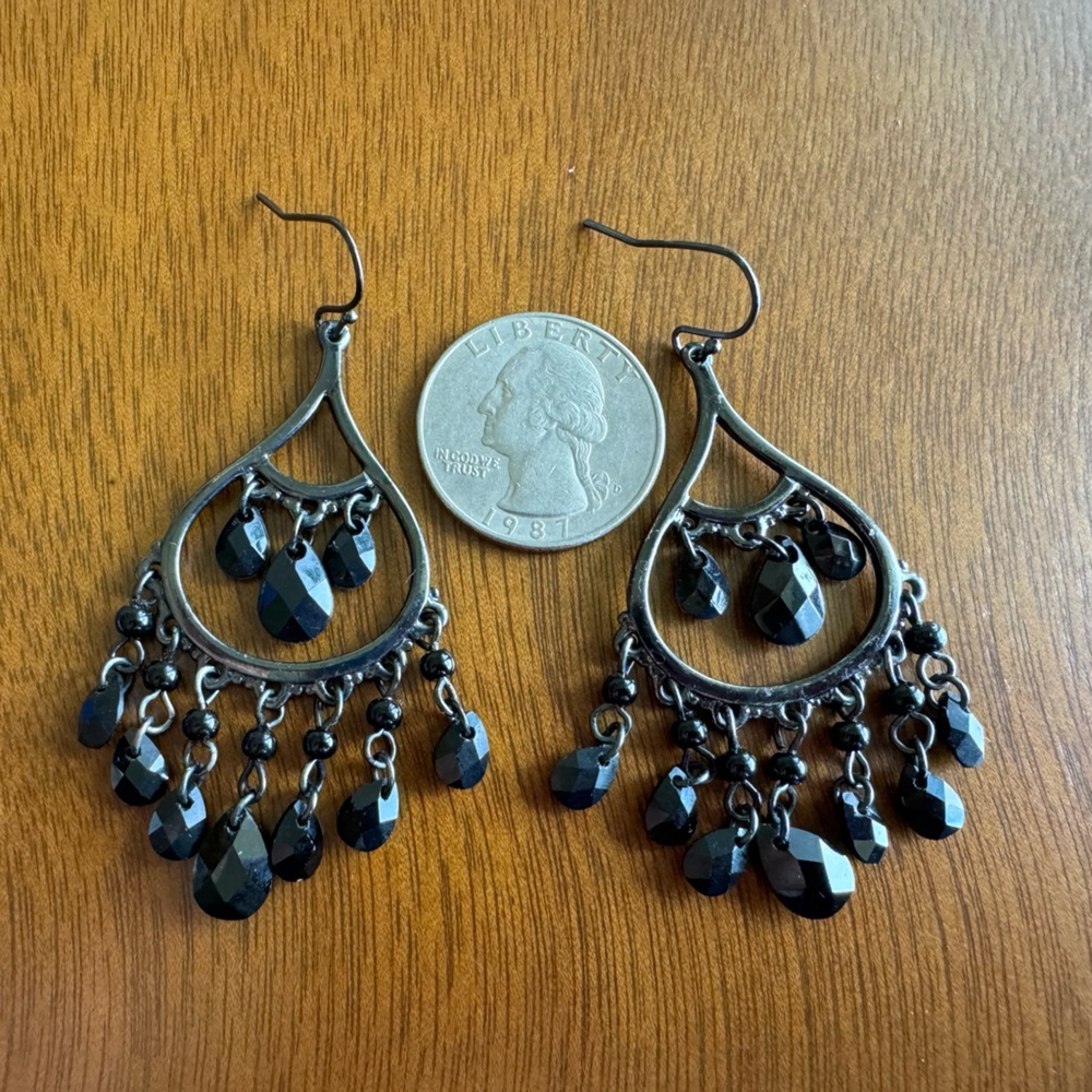 Black Teardrop Chandelier Dangle Earrings - Women's Fashion Jewelry - Picture 2 of 2